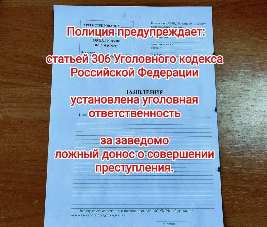 В Артеме Приморского края возбуждено уголовное дело о заведомо ложном доносе о совершенном преступлении